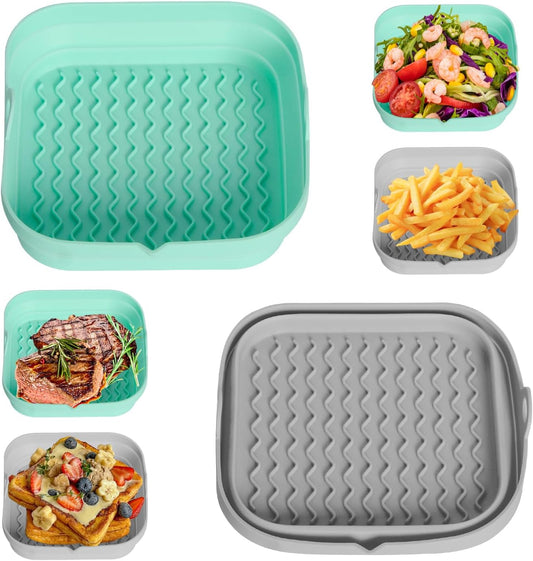 7.7 Inch Silicone Air Fryer Liners Square 2 Pack, Reusable Collapsible Dishwasher Safe Stackable Basket for Air Fryers (One Gray and One Green)