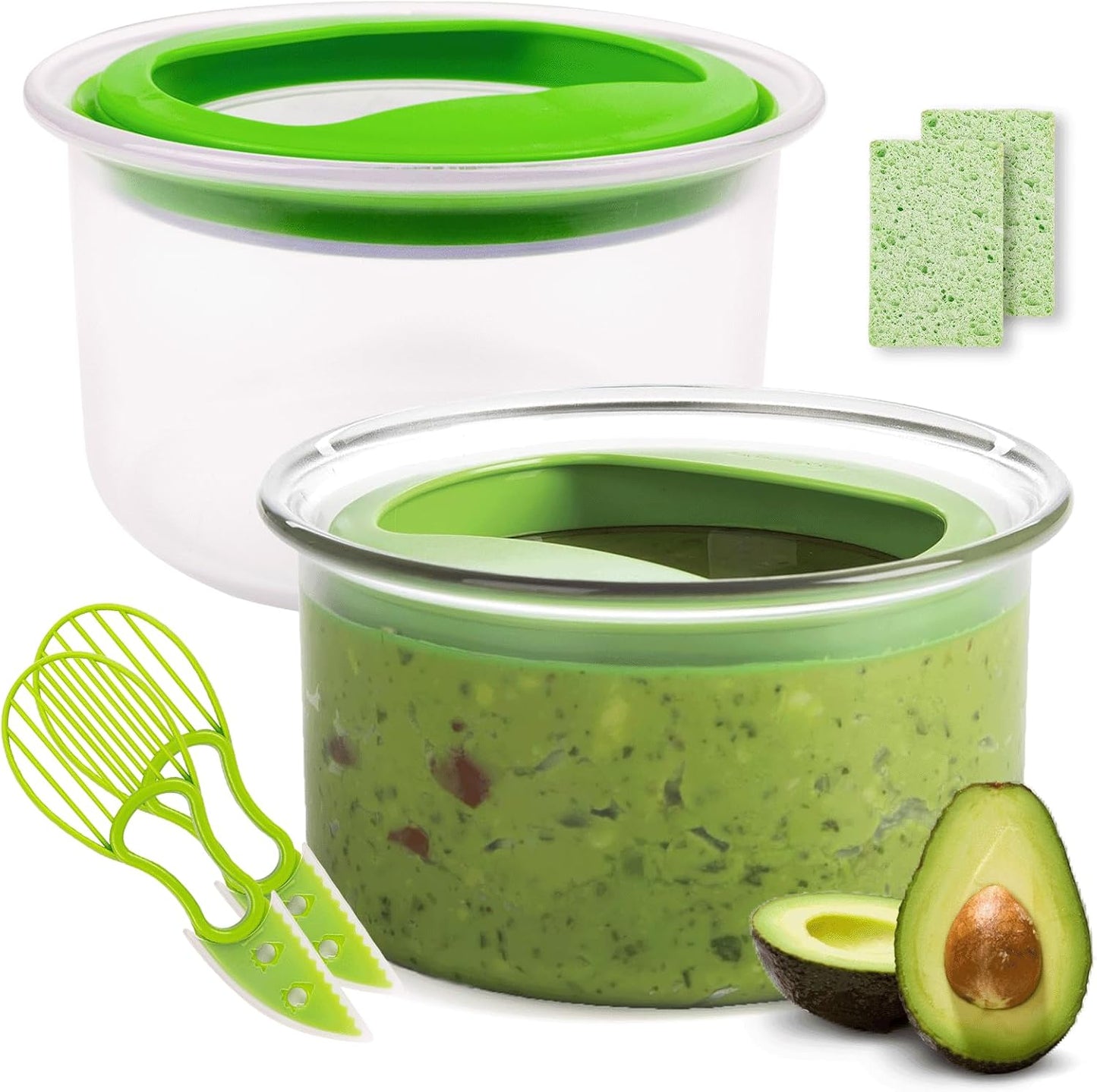 WodGod Guacamole Keeper(1 Pcs), Guacamole Bowls, Avocado Keeper Fresh Guacamole Plastic Kitchen Storage Container with Air Tight Lid, 3-in-1 Avocado Slicer and Cleaning sponge