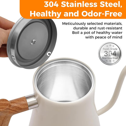 Gooseneck Electric Tea Kettle with Pour Over Pot with LED & Precise 1°F Temp Control,Keep Warm, Hot Water Kettle for Home/Office 304 Stainless Steel (White)
