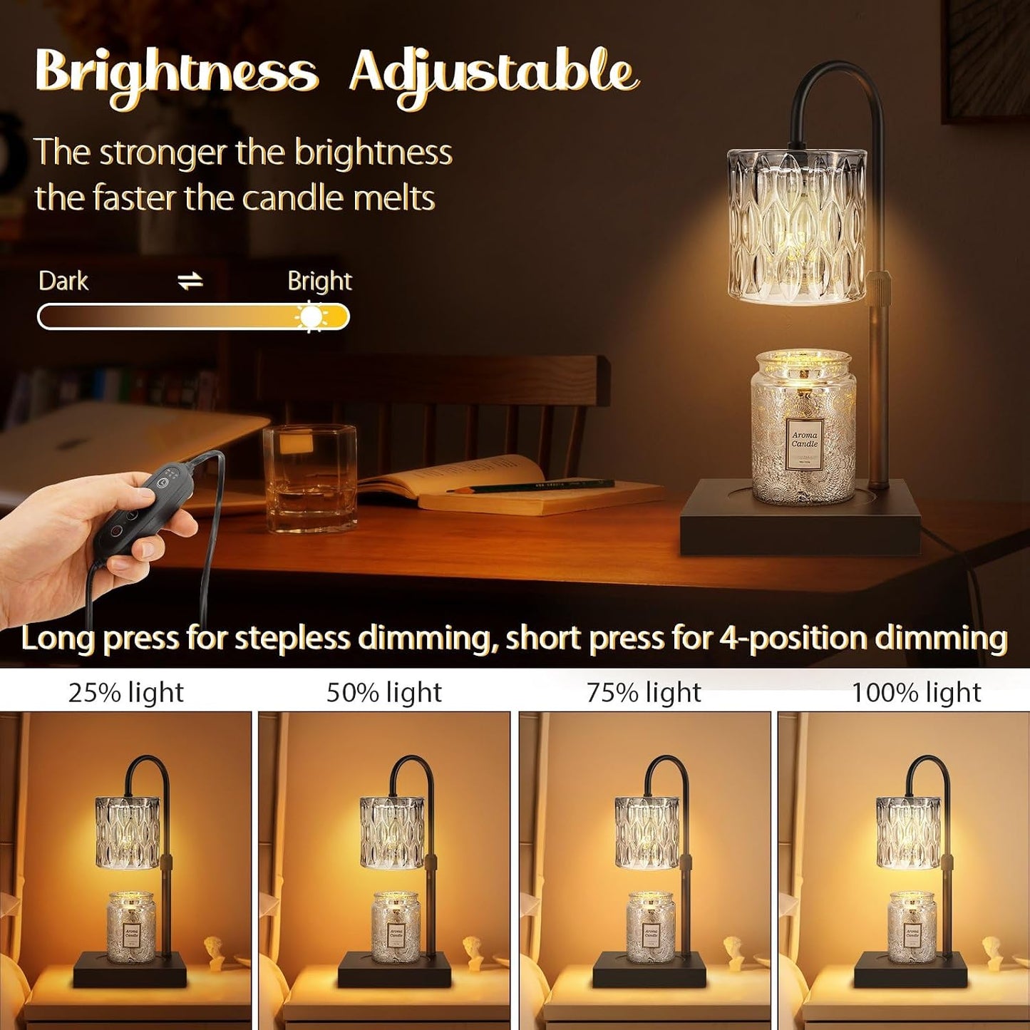 Candle Warmer Lamp with Timer, Electric Candle Warmer for Jar Candles, House Warming Gifts, Modern Home Decor Dimmable Wax Melting Lamp with Large Head, Black, Glass
