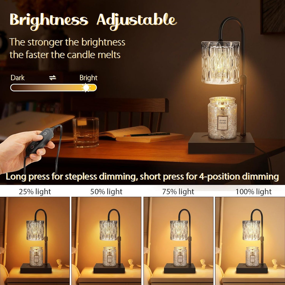 Candle Warmer Lamp with Timer, Electric Candle Warmer for Jar Candles, House Warming Gifts, Modern Home Decor Dimmable Wax Melting Lamp with Large Head, Black, Glass