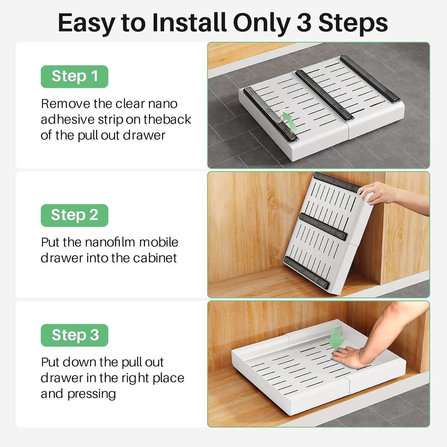 Kitstorack Pull out Cabinet Organizer, Expandable(12"-20") Heavy Duty Slide out Drawers Fixed with Adhesive Nano Film for Pots, Roll out Shelf Storage for Kitchen Base Cabinet Organization(White)