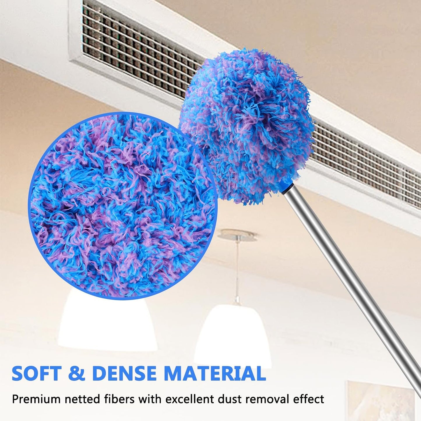 Ceiling Fan Cleaner Duster Reusable Microfiber Ceiling Fan Blade Cleaner Removable Duster with Extension Pole Adjusts 13 to 49.7 Inch for Cleaning Walls Bookshelves Furniture Door Window Top (Blue)