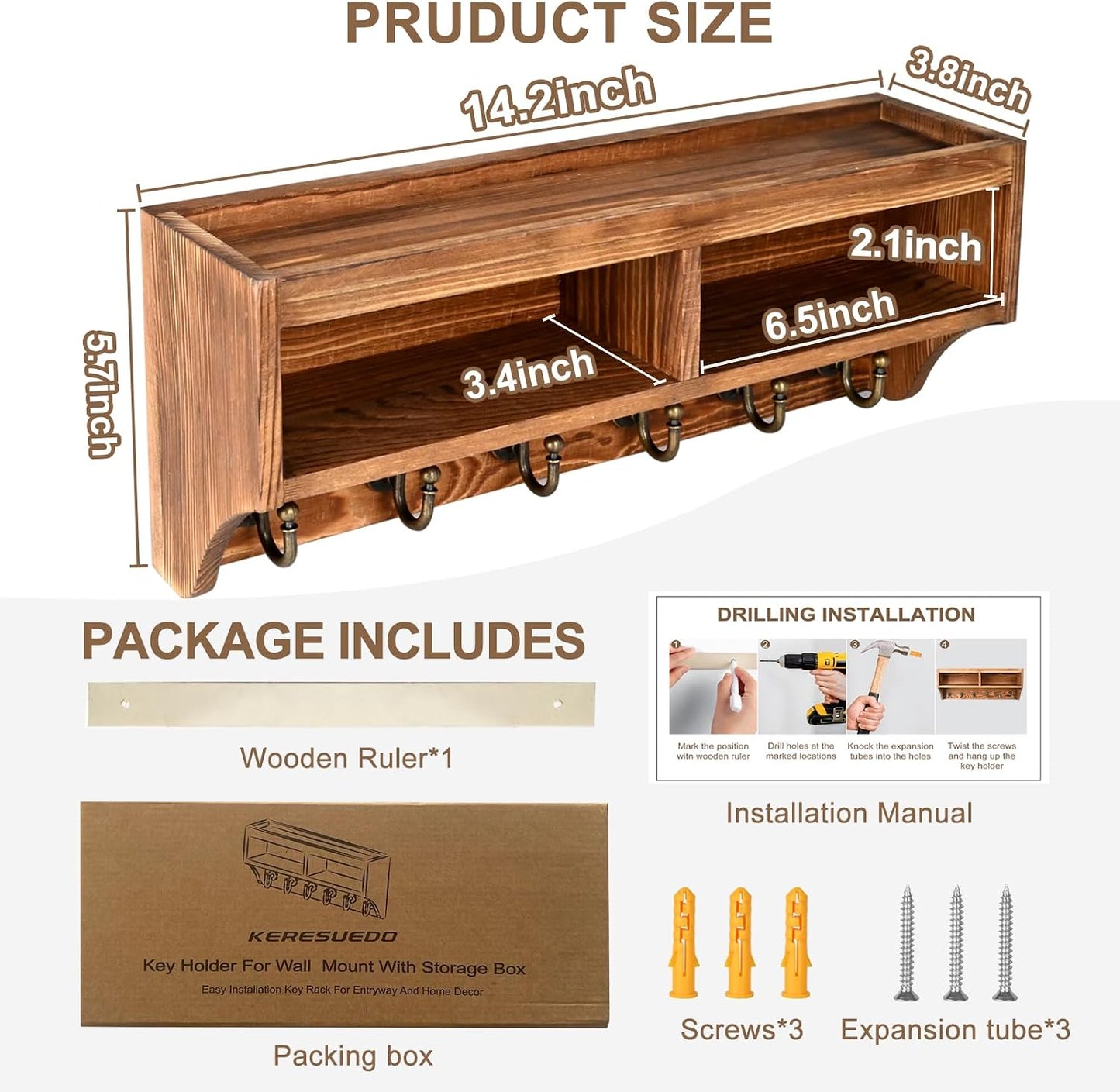 Key Holder Wall Mount with Mail Organizer, 6 Hooks & Shelf, Brown | Wood Key Holder Wall Mount with 6 Key Hooks, Shelf & Storage Box and Mail Organizer for Entryway, Apartment, Home and Office