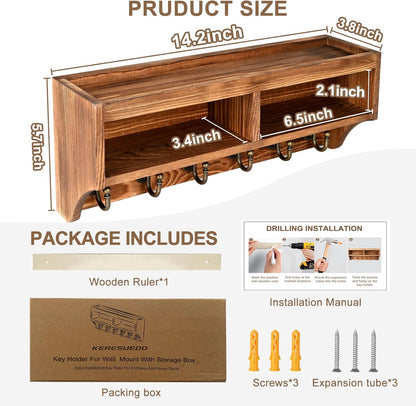 Key Holder Wall Mount with Mail Organizer, 6 Hooks & Shelf, Brown | Wood Key Holder Wall Mount with 6 Key Hooks, Shelf & Storage Box and Mail Organizer for Entryway, Apartment, Home and Office