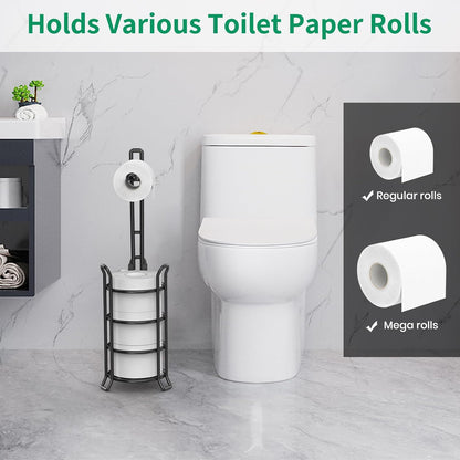TomCare Toilet Paper Holder Free Standing with Shelf, Stable 4 Raised Feet | Stores 4 Mega Rolls, Tool-Free Assembly, Powder-Coated Metal Frame, Bathroom Storage Organizer for Spare Rolls, Silver