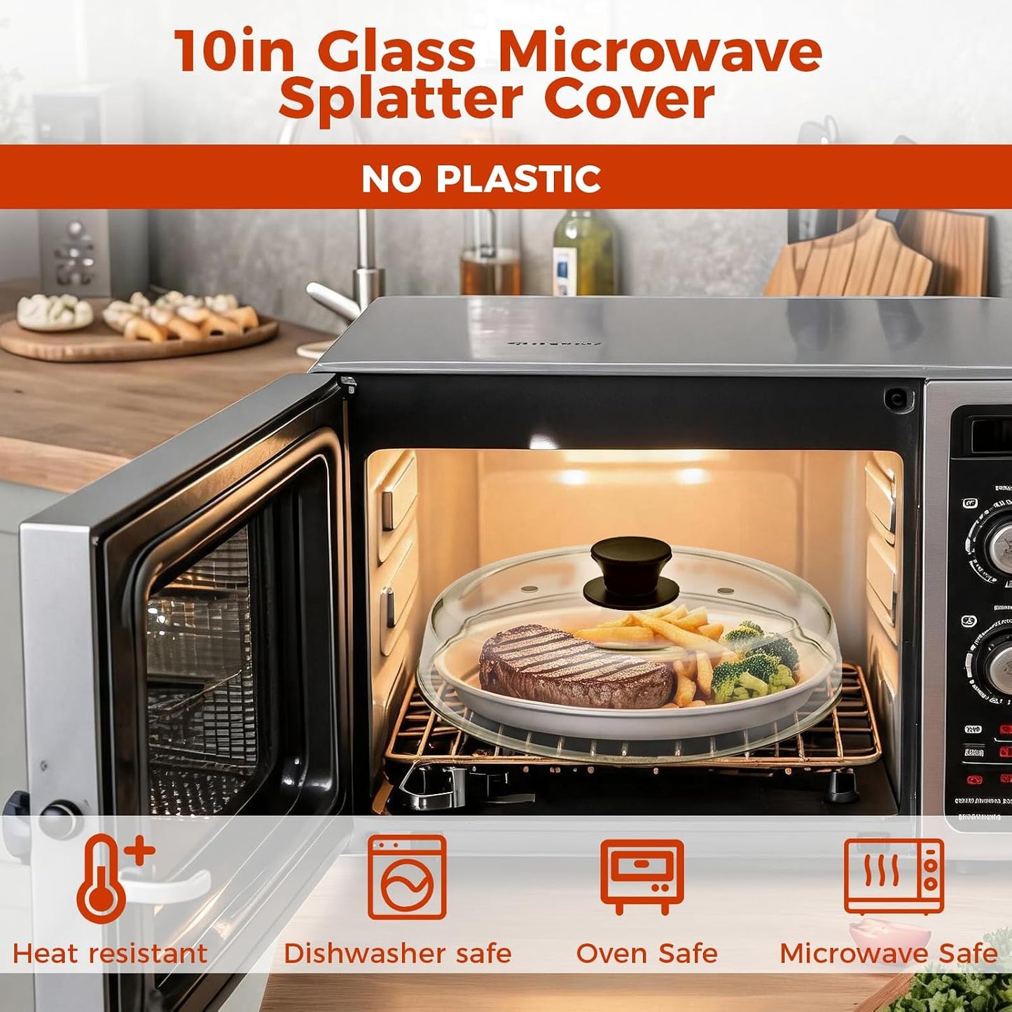 Glass Microwave Splatter Cover for Food, 10 In Glass Microwave Splatter Guard with Vent Hole, BPA Free, Easy-Grip Silicone Knob, Dishwasher Safe, Food Grade, Heat Resistant, No Plastic