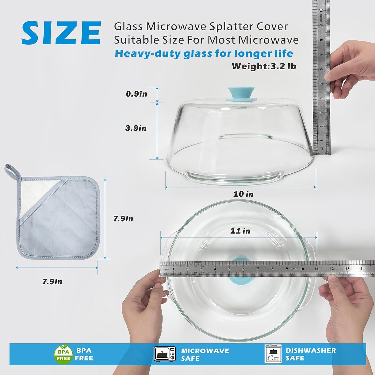Tall Glass Microwave Splatter Cover for Food, 10in Food Grade Guard Lid | No Plastic, BPA Free, Dual Vents, Silicone Knob, 3.9in Tall for Bowl Covers, Microwave Lid for Food Heating, Dishwasher Safe