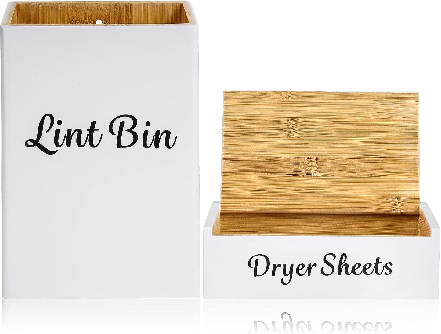 FJO 2 Pack Magnetic Lint Bin 10’’ x 7’’ and Dryer Sheet Holder 8’’ x 5’’ | Wall Mounted Bamboo Wood Trash Can Compact Size Laundry Room Accessories Supplies