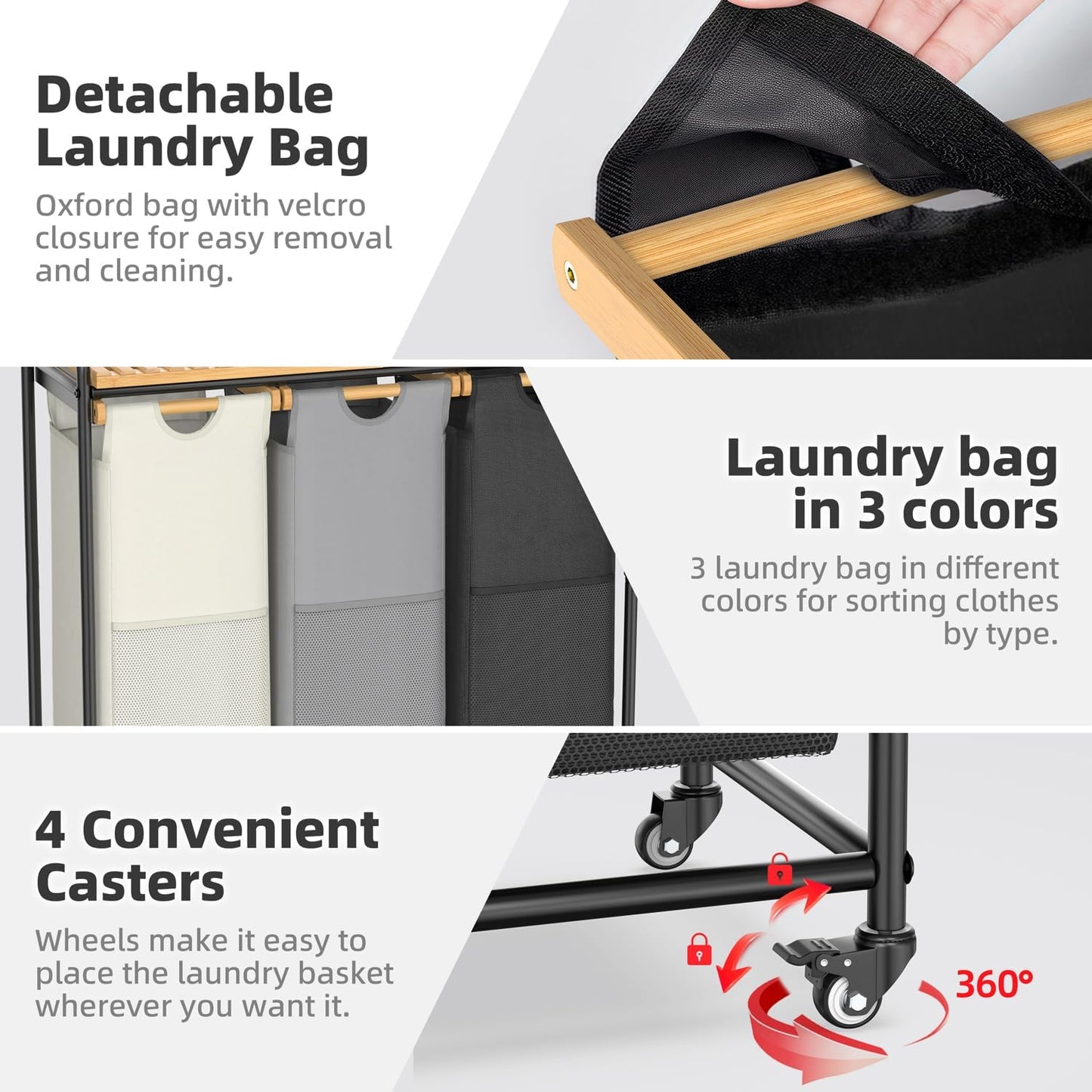 BambooHomie Laundry Hampers 3 Section, Laundry Sorter with Removable Shelf and Pull-Out Bags, Rolling Cart Clothes Hampers Basket with Wheels for Laundry Room Bathroom, 3 x 45 L (Black Beige Gray)