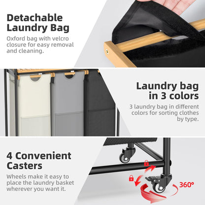 BambooHomie Laundry Hampers 3 Section, Laundry Sorter with Removable Shelf and Pull-Out Bags, Rolling Cart Clothes Hampers Basket with Wheels for Laundry Room Bathroom, 3 x 45 L (Black Beige Gray)