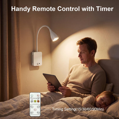 LED Wall Mounted Reading Light,4000mAh Bedside Wall Lamp with Remote Control & Motion Sensor,Book Light for Reading in Bed,3 Color Temps,Dimmable & Timers,360° Flexible Gooseneck Night Light,Black