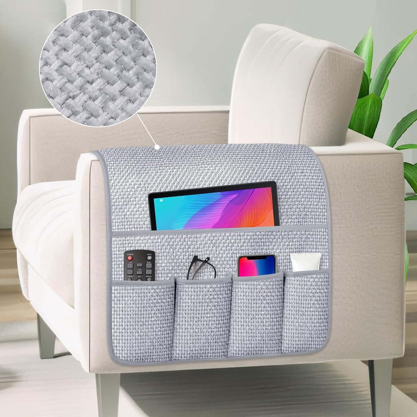 Remote Control Holder Couch Caddy, Armchair Caddy for Recliner 5 Pockets | TV Remote Holder Couch Armrest for Bed Storage with 5 Pockets, Remote Caddy Bedside Table Organizer (Light Gray,35''x13'')