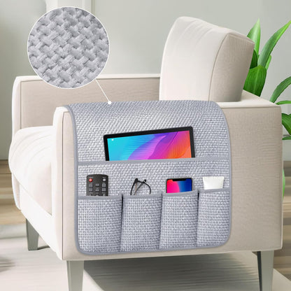 Remote Control Holder Couch Caddy, Armchair Caddy for Recliner 5 Pockets | TV Remote Holder Couch Armrest for Bed Storage with 5 Pockets, Remote Caddy Bedside Table Organizer (Light Gray,35''x13'')