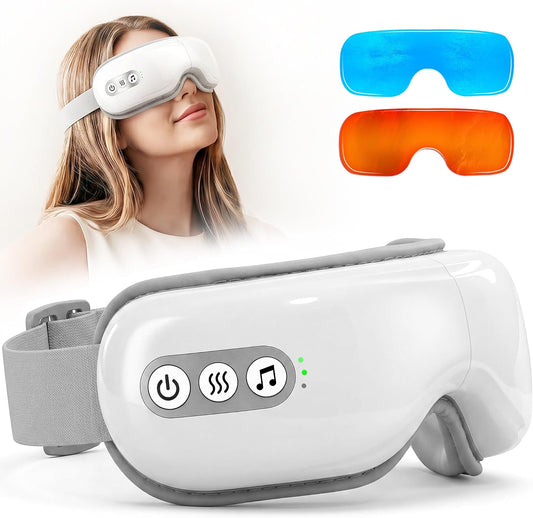 Eye Massager with Heat & Cooling, Cordless Relax Gift | 3 Heat Levels (100-113°F) & Cooling Gel for Dry/Puffy Eyes, 5 Modes, BT Music, Light Block, 1200mAh, Foldable