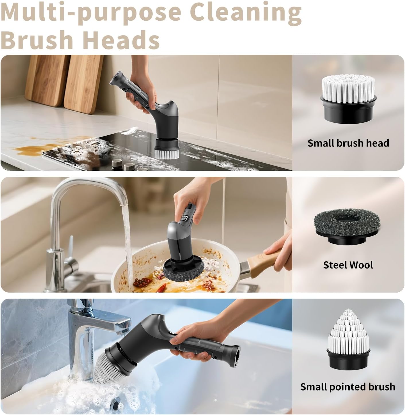 Electric Spin Scrubber, Cordless Household Cleaning Brush with 6 Replaceable Heads, 3 Speeds, LED Display, Lightweight Handheld Power Scrubber for Cleaning Stove/Bowl/Sink/Corner/Tile/Grout-Black