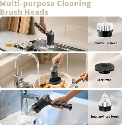 Electric Spin Scrubber, Cordless Household Cleaning Brush with 6 Replaceable Heads, 3 Speeds, LED Display, Lightweight Handheld Power Scrubber for Cleaning Stove/Bowl/Sink/Corner/Tile/Grout-Black