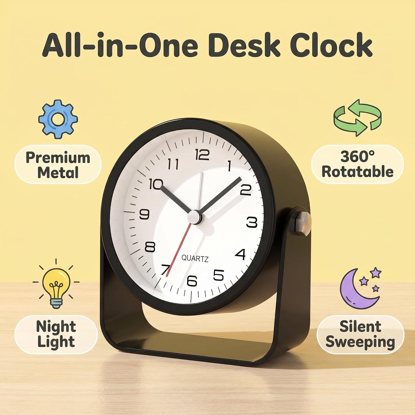 Small Desk Alarm Clock for Kids, 3.5 Inch Battery Operated Analog Silent Clock with Adjustable Angle and Warm Night Light, Cute Vintage Metal Bedside Clock for Children's Room Boys Girls（black）