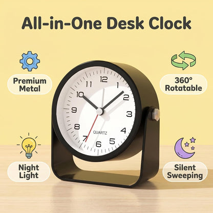 Small Desk Alarm Clock for Kids, 3.5 Inch Battery Operated Analog Silent Clock with Adjustable Angle and Warm Night Light, Cute Vintage Metal Bedside Clock for Children's Room Boys Girls（black）