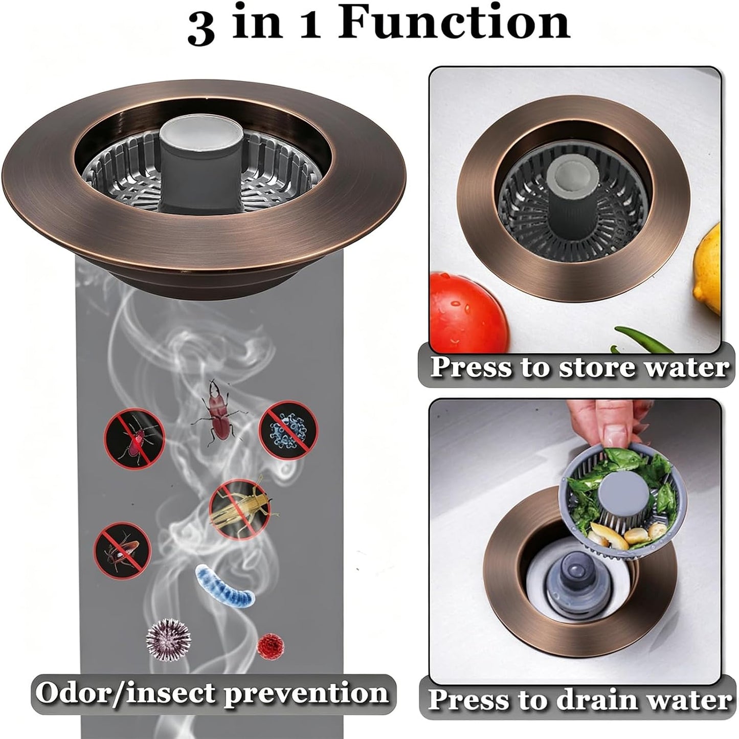 BAOLSLS 3 in 1 Kitchen Sink Stopper, Pop Up Kitchen Sink Drain Strainer | with An Extra Basket Strainer, Kitchen Sink Drain Stopper for US Standard 3-1/2 Inch, Chrome Silver