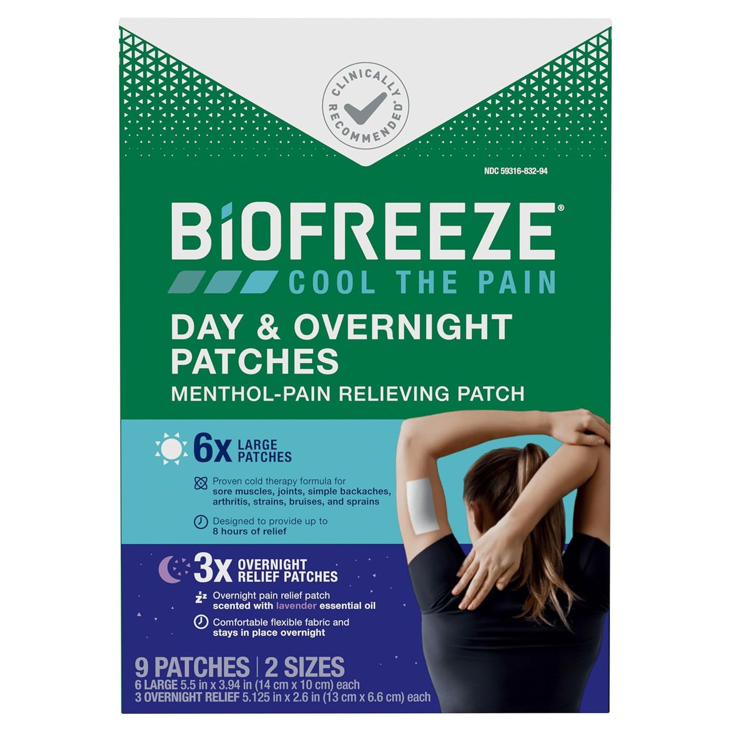 Biofreeze Day & Overnight Pain Relief Patches, Menthol Pain Patches for Arthritis & Muscle Pain Relief, Comfortable & Flexible Fabric Stays in Place, 9 Patches (6 Day, 3 Night)