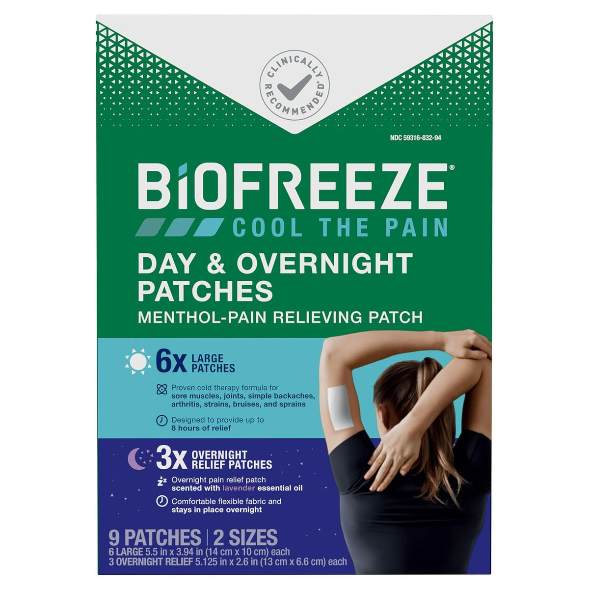 Biofreeze Day & Overnight Pain Relief Patches, Menthol Pain Patches for Arthritis & Muscle Pain Relief, Comfortable & Flexible Fabric Stays in Place, 9 Patches (6 Day, 3 Night)