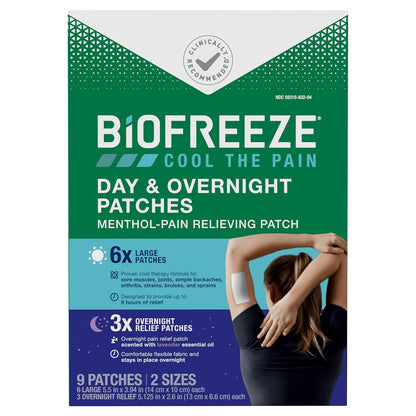 Biofreeze Day & Overnight Pain Relief Patches, Menthol Pain Patches for Arthritis & Muscle Pain Relief, Comfortable & Flexible Fabric Stays in Place, 9 Patches (6 Day, 3 Night)