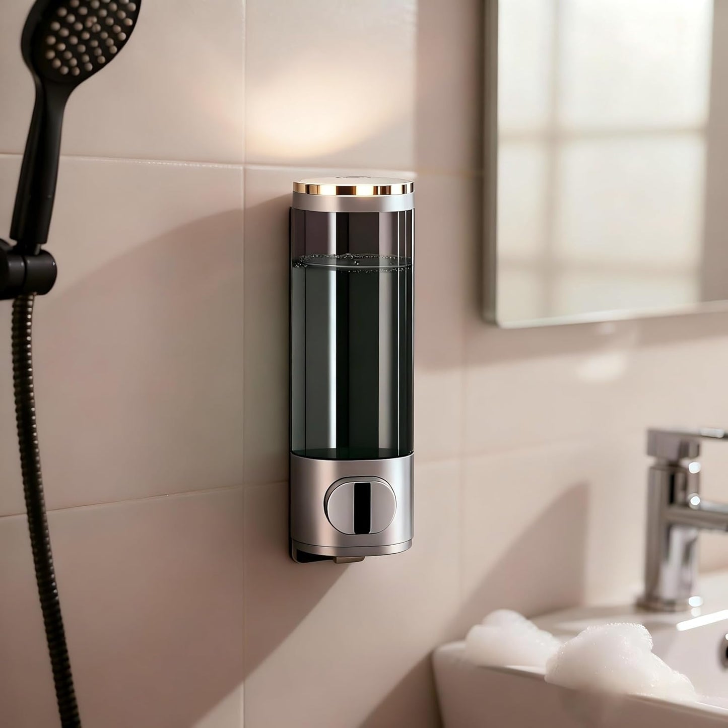 10oz/300ml Single Manual Wall Mounted Soap Dispenser, Black | Bathroom Shampoo and Conditioner Dispenser, Clear Plastic Refillable Liquid Lotion Pump Dispenser and Organizer