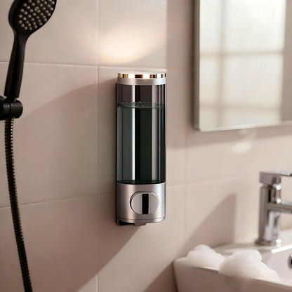 10oz/300ml Single Manual Wall Mounted Soap Dispenser, Black | Bathroom Shampoo and Conditioner Dispenser, Clear Plastic Refillable Liquid Lotion Pump Dispenser and Organizer