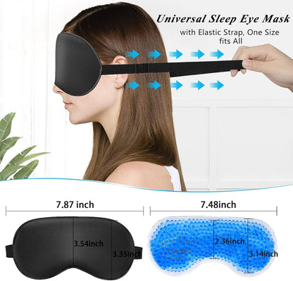 Silk Sleep Mask with Cooling Gel Eye Mask, Warm and Cold Compress, Heated Eye Mask for Tired Eyes, Stain Eye Cover Sleeping Mask for Travel, Home, Office, Yoga, Total Blackout (Black)