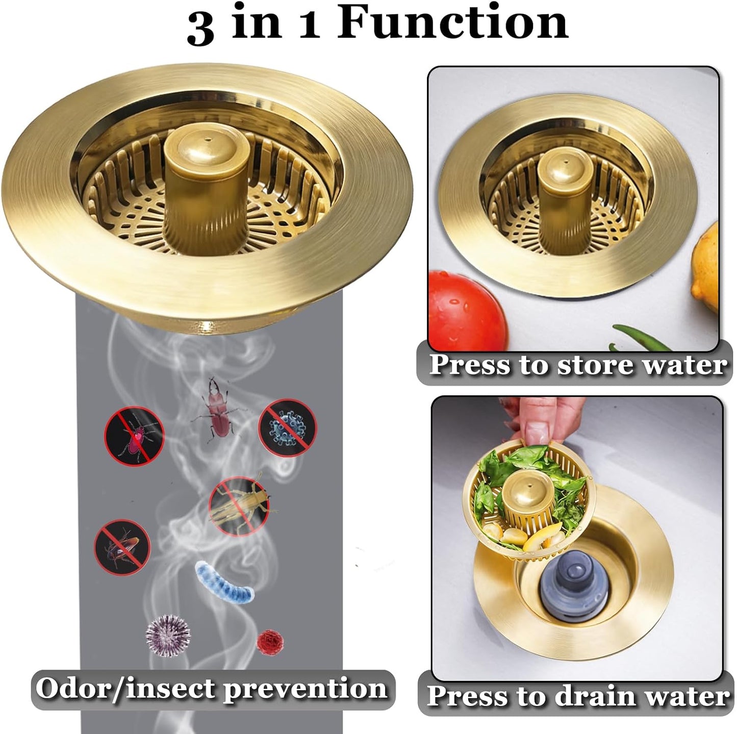 BAOLSLS 3 in 1 Kitchen Sink Stopper, Pop Up Kitchen Sink Drain Strainer | with An Extra Basket Strainer, Kitchen Sink Drain Stopper for US Standard 3-1/2 Inch, Chrome Silver