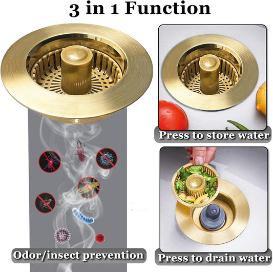 BAOLSLS 3 in 1 Kitchen Sink Stopper, Pop Up Kitchen Sink Drain Strainer | with An Extra Basket Strainer, Kitchen Sink Drain Stopper for US Standard 3-1/2 Inch, Chrome Silver