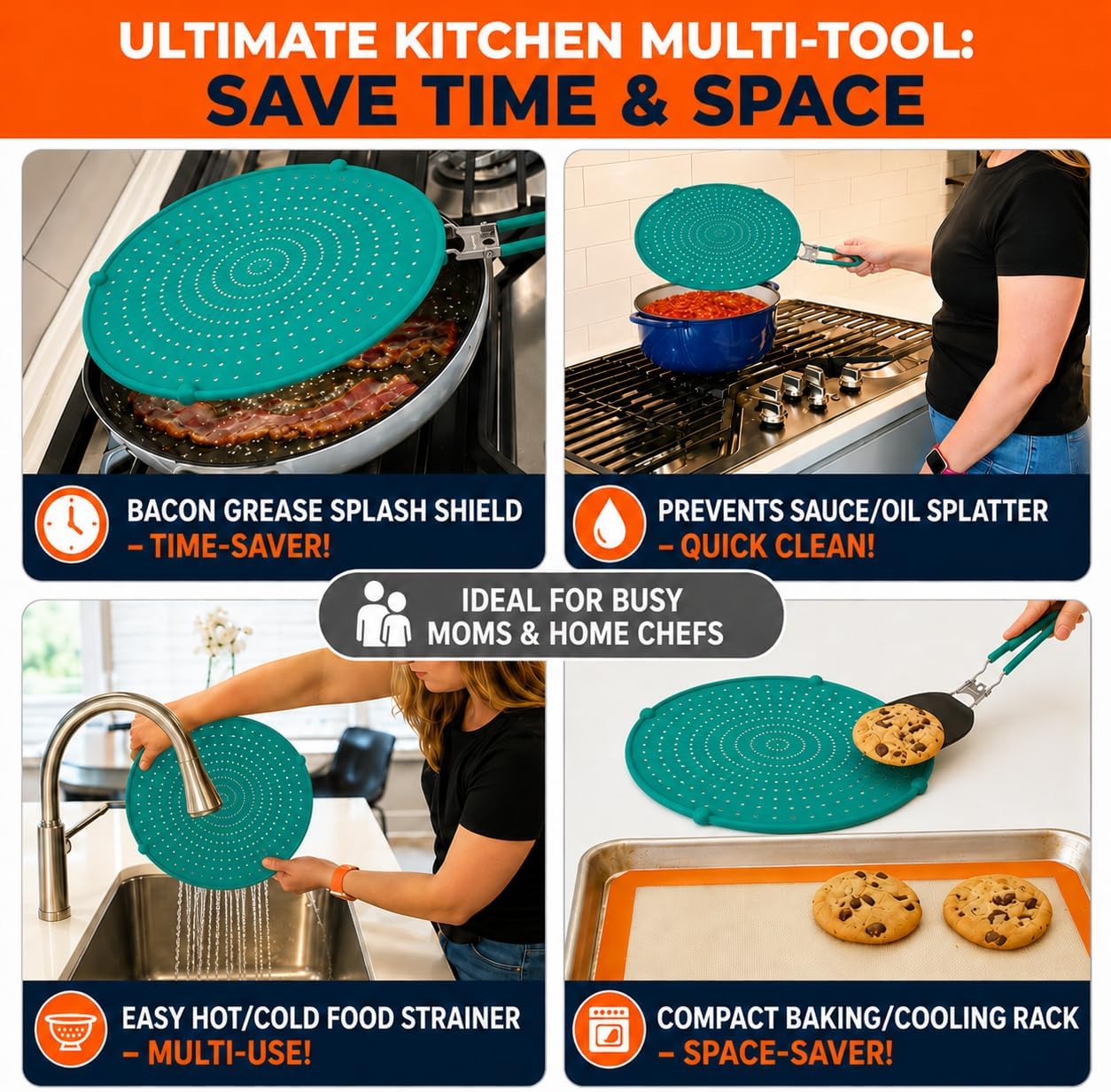 Silicone Splatter Screen for Frying Pan, 13” Navy – Grease & Oil Splatter Guard, Heat Resistant, Dishwasher Safe, Foldable Handle with Sleeves – Splash Guard Fits 10–12” Pans, Most 13” Skillets