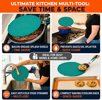 Silicone Splatter Screen for Frying Pan, 13” Navy – Grease & Oil Splatter Guard, Heat Resistant, Dishwasher Safe, Foldable Handle with Sleeves – Splash Guard Fits 10–12” Pans, Most 13” Skillets