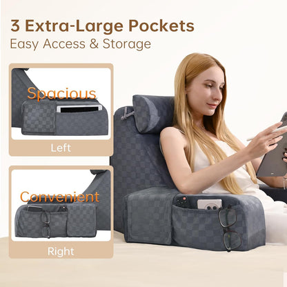 Vekkia 19'' Reading Pillow for Adults with XL Side Pockets, Adjustable Arms | 45° Back Support Chair for Sitting in Bed, Washable Cover, Perfect for Gaming, Watching TV, Relaxing, or Recovery, Gift Idea