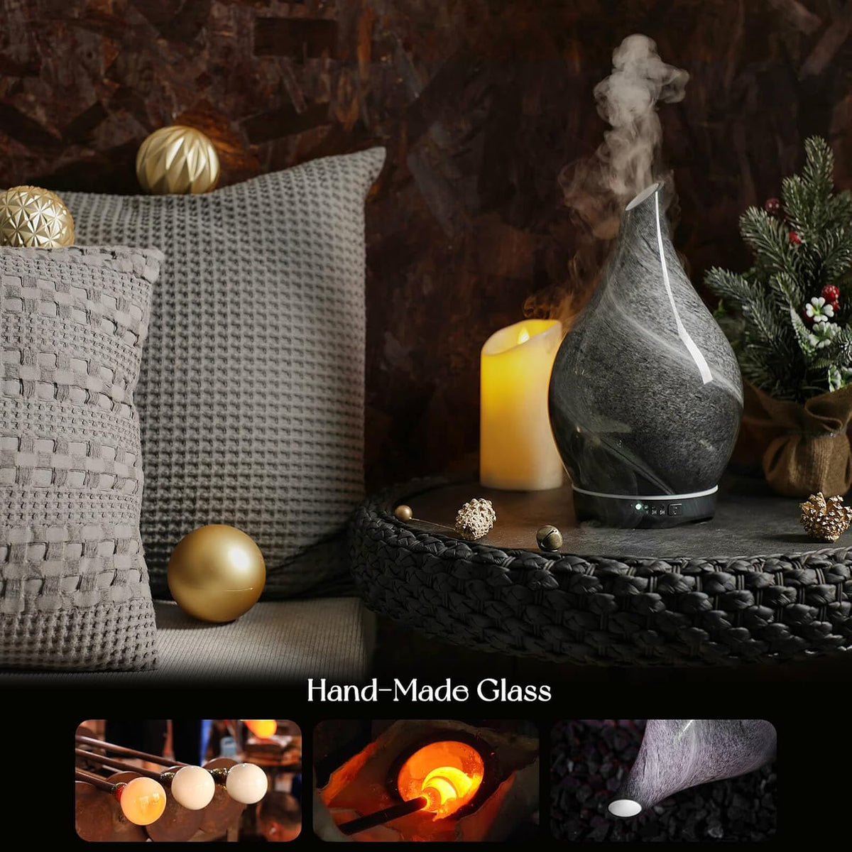 Porseme Essential Oil Diffuser 280ml Handmade Glass Diffuser 7H Runtime | Elegant Handmade Glass Aroma Diffuser with 7-color LEDs, Quiet Aromatherapy and Safe Auto Shut-off, Perfect for Gifts