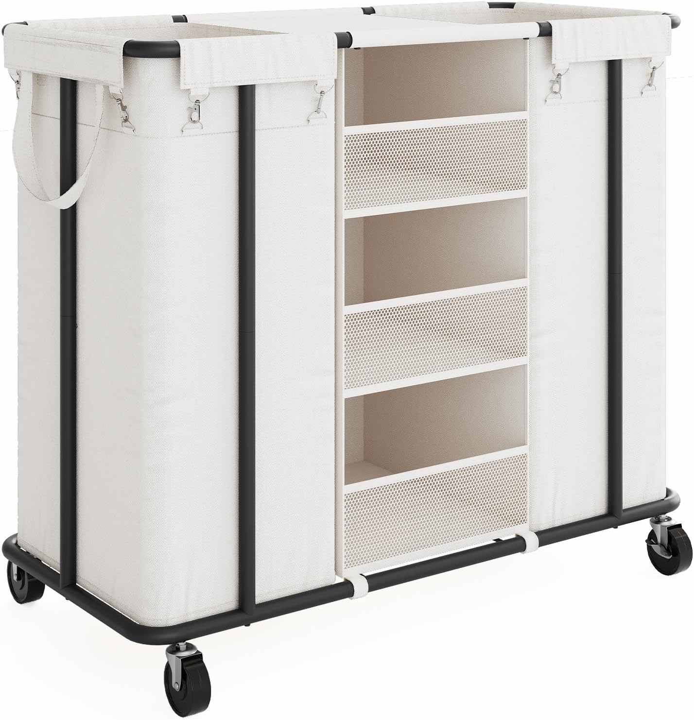 WOWLIVE Laundry Sorter 2 Section, 200L Rolling Laundry Hamper with Wheels | Laundry Cart with Steel Frame, Laundry Basket with Hanging and Removable Bag, Storage Unit Basket Organizer for Dorm, Beige