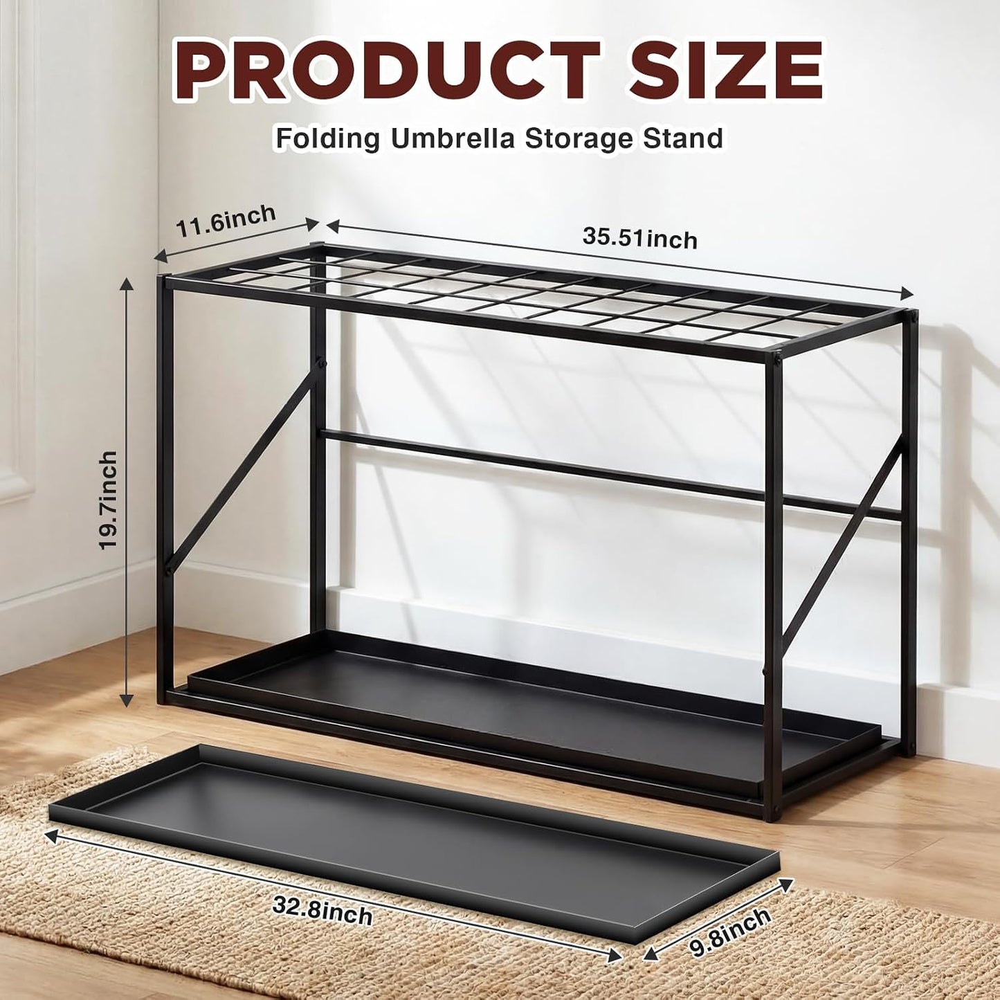 Colingmill Folding Umbrella Storage Stand Rack Holder Organizer Free Standing Umbrella Rack with Removable Drip Tray for Entryway Home Office Hotel Entry Hallway (L35.51 X W11.89 X H19.69 Inch)