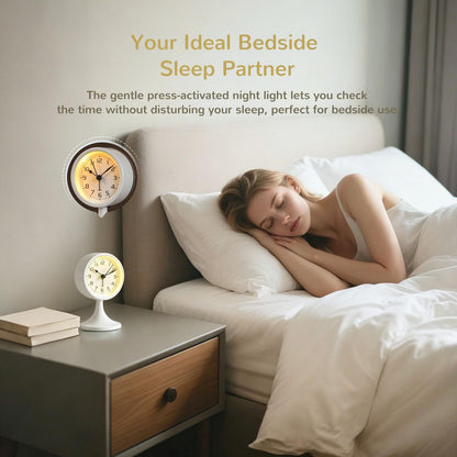 Alarm Clock, Metal 3 inch Silent Non Ticking Small Clock with Night Light, Battery Operated, Desk Analog Clock for Bedrooms Decoration, Old Fashioned Style Clock for Bedside, Adult, Gift