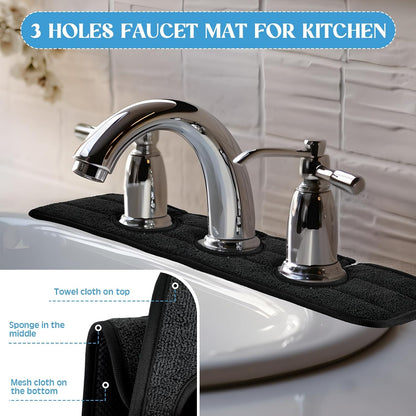 Teenyyou 2 Pcs Faucet Mat for Kitchen Sink Splash Guard for Kitchen Sink Faucet Dish Drying Mat for Bathroom Sponge Holder(Dark Gray,3 Round Holes)
