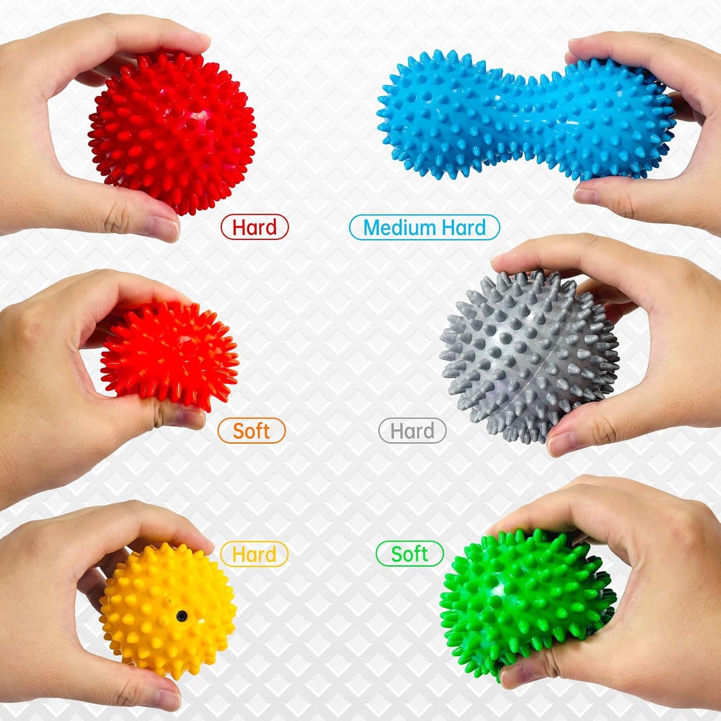 6-Pack Spiky Massage Balls Set, Hard Medium Soft Massage Ball for Feet | PVC,3 Firmness Levels,Spiky Ball for Muscle Release and Stress Relief,Foot Massage Ball,Home Gym Fitness Recovery