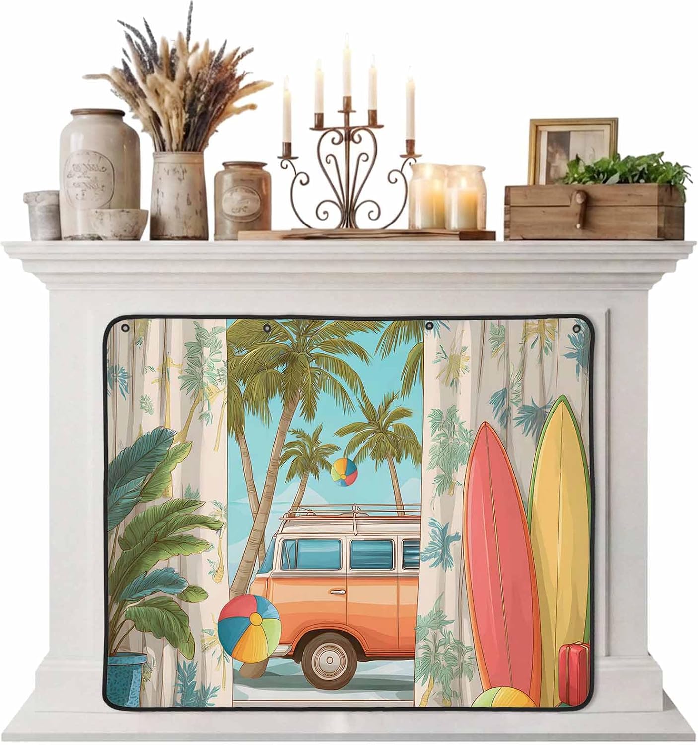 Magnetic Fireplace Cover Tropical Palm Leaves Fireplace Screen Decorative Camper Van Surfboard Balls Insulation Fireplace Blocker Save Energy Fireplace Draft Stopper Covers for Living Room 36x30 Inch