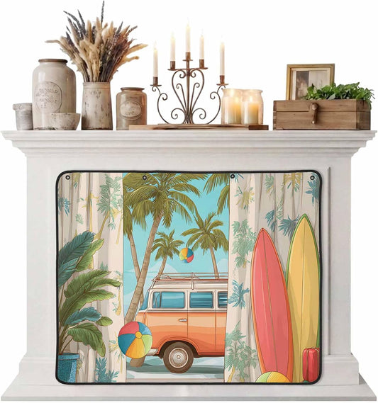 Magnetic Fireplace Cover Tropical Palm Leaves Fireplace Screen Decorative Camper Van Surfboard Balls Insulation Fireplace Blocker Save Energy Fireplace Draft Stopper Covers for Living Room 36x30 Inch