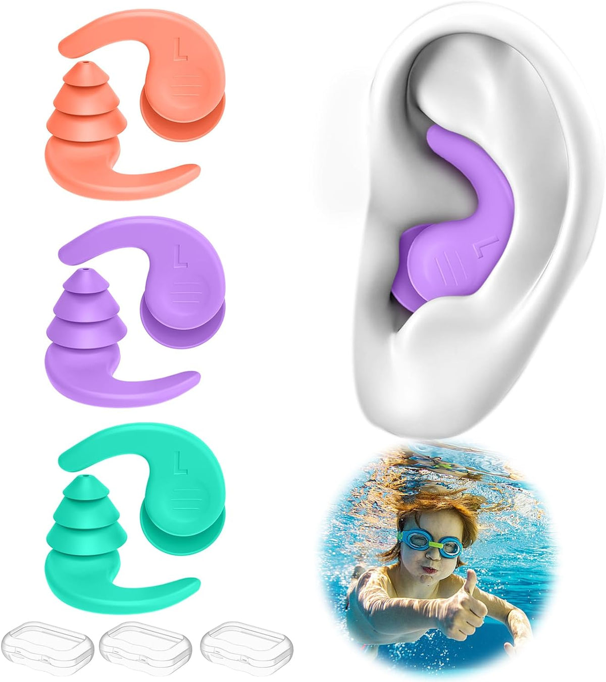 Swimming Ear Plugs for Adults,3 Pairs Waterproof Reusable Silicone Swim Earplugs for Swimming Surfing Snorkeling Showering and Water Pool,Beach,Ocean (Adults & Teens 14+)