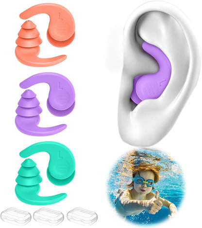 Swimming Ear Plugs for Adults,3 Pairs Waterproof Reusable Silicone Swim Earplugs for Swimming Surfing Snorkeling Showering and Water Pool,Beach,Ocean (Adults & Teens 14+)