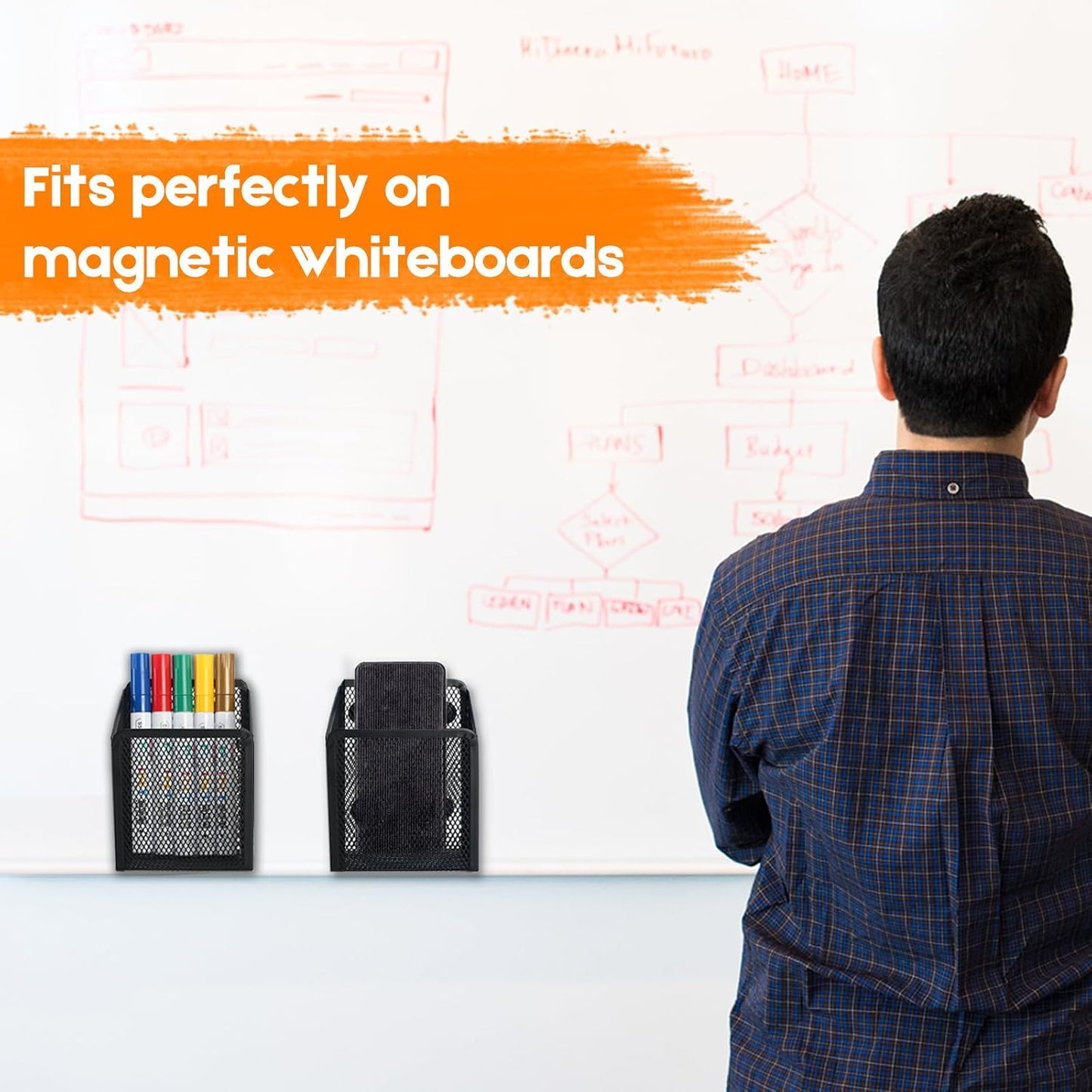 Magnetic Pencil Holder Whiteboard Pen Holder Locker Accessories (2-Slot*1) | Locker Organizer, Desk Organizer, Teacher Supplies, Mesh Basket, Strong Magnets, Black, For Fridge School Office Home