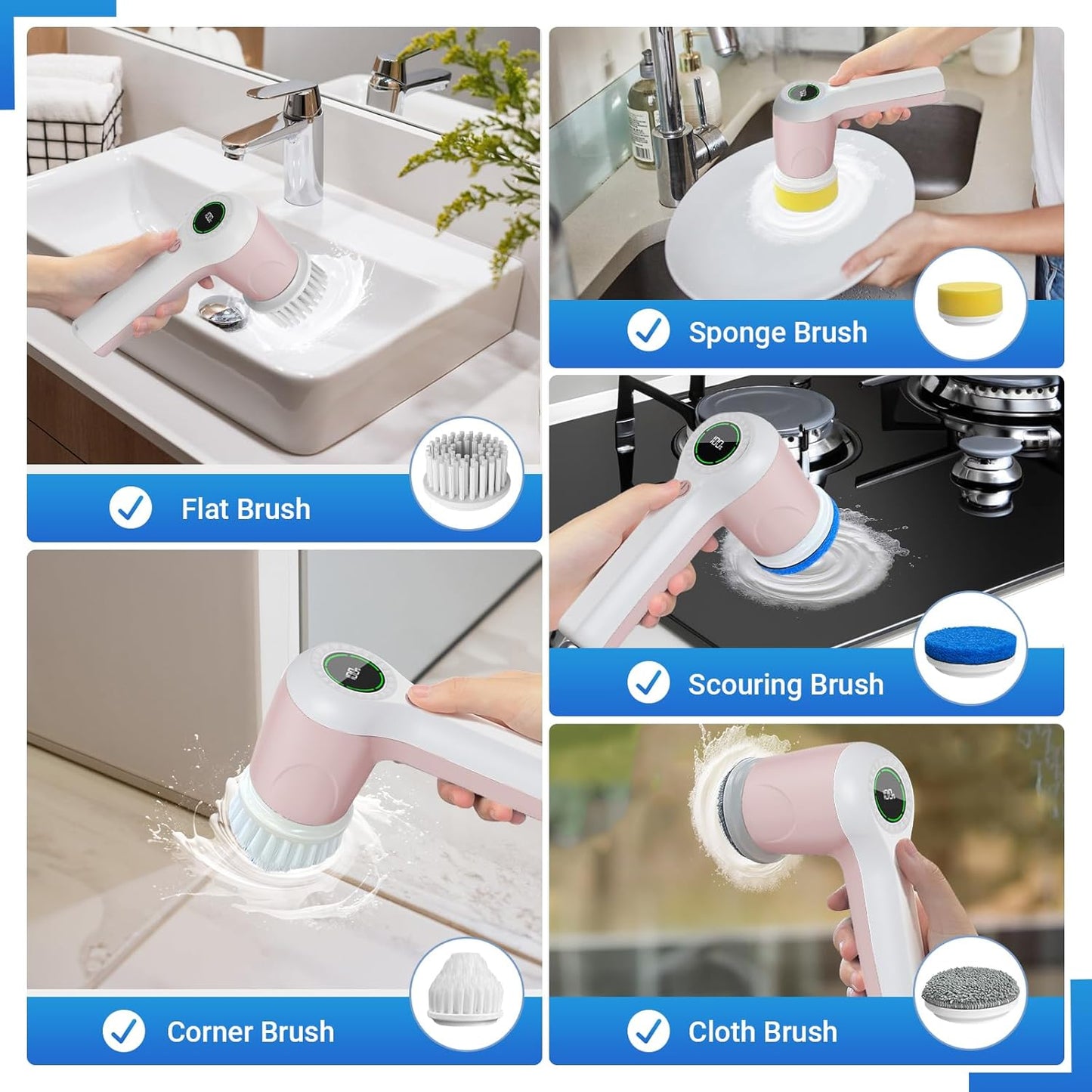 PUFTEM Electric Spin Scrubber, Cordless Shower Scrubber | Battery Level Display, Dual Speed, 6 Replaceable Brush Heads, IPX7 Waterproof, Long Runtime, Tub, Tile & Sink Cleaning