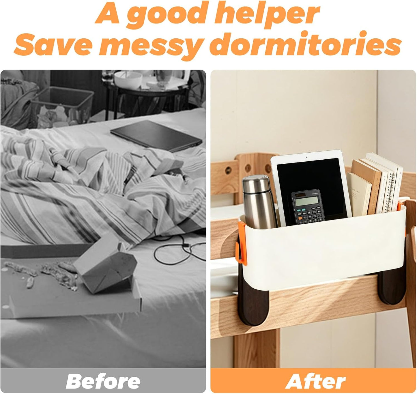 3 Pcs Bedside Caddy Plastic Bed Caddy, Orange Hanging Organizer Storage Basket with Hooks for Dorm Loft Rail RV Bathroom College Small Room Essentials