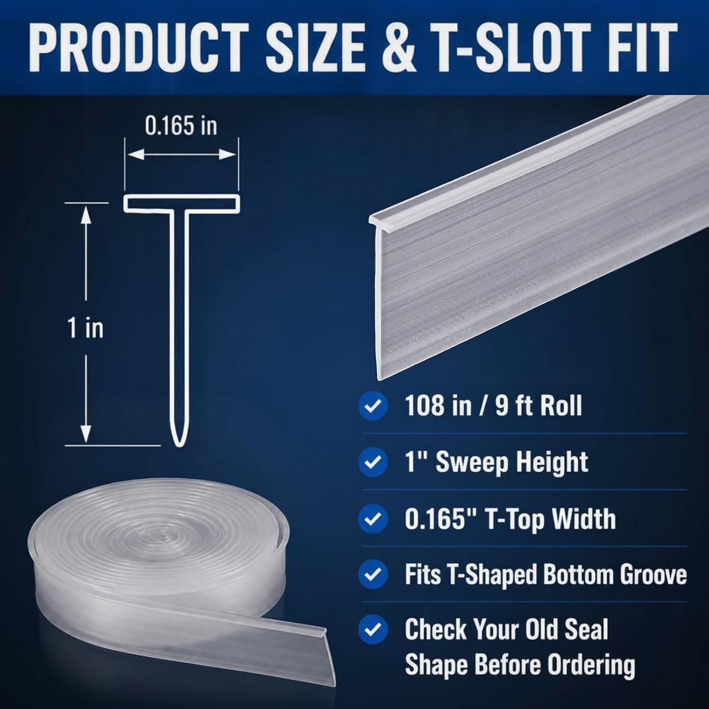 Treela 108-Inch 1" T-Slot Shower Door Seal Strip | Flexible silicone blocks leaks/splashes and replace old, cracked, loose, or missing door sweeps
