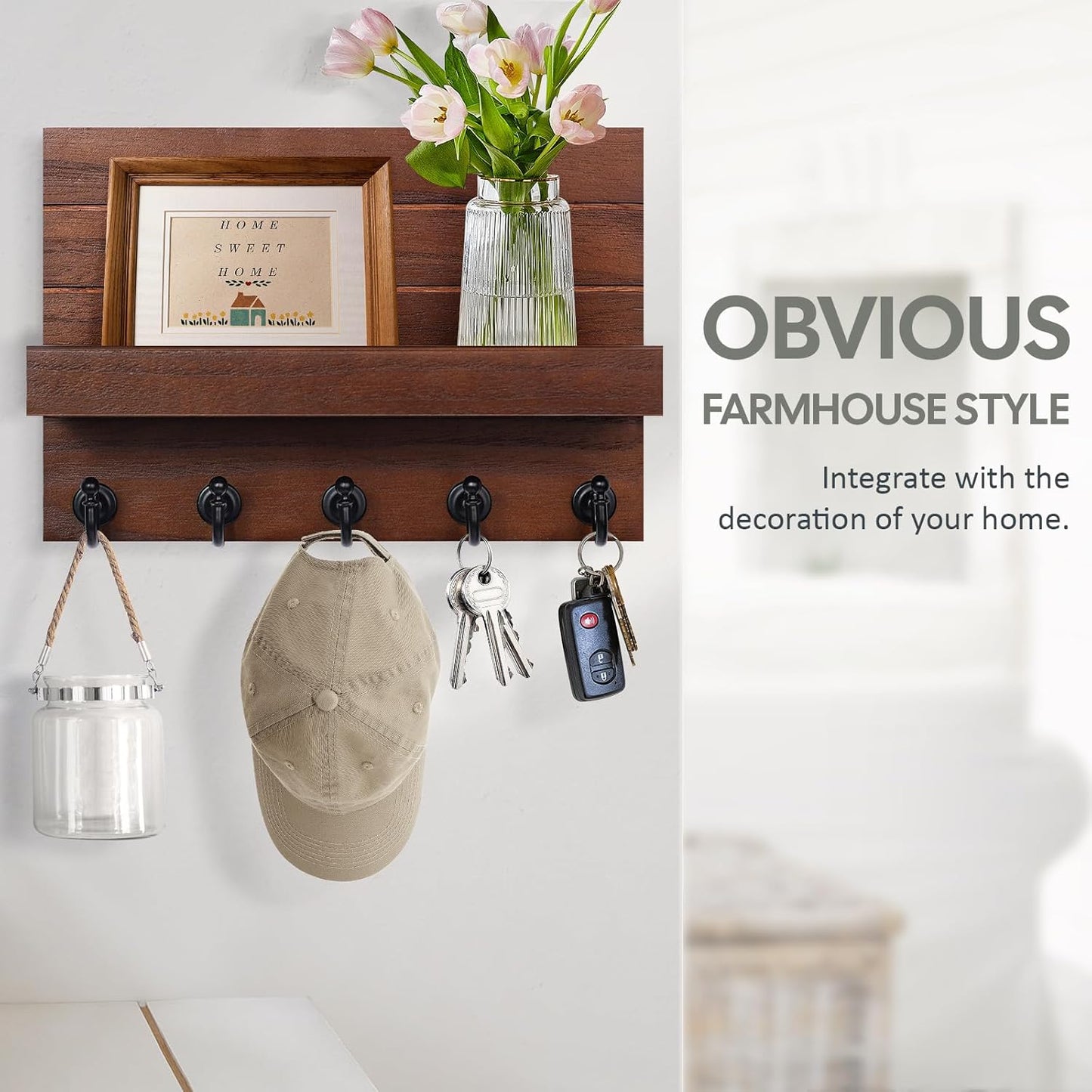 HONJIN Key Holder Wall Mount with Shelf and 5 Sturdy Key Hooks (White) | Key and Mail Holder Wall Mount, Wooden Entryway Organizer and Decorative, Easy Installation, 10*3.8*6.85 Inch